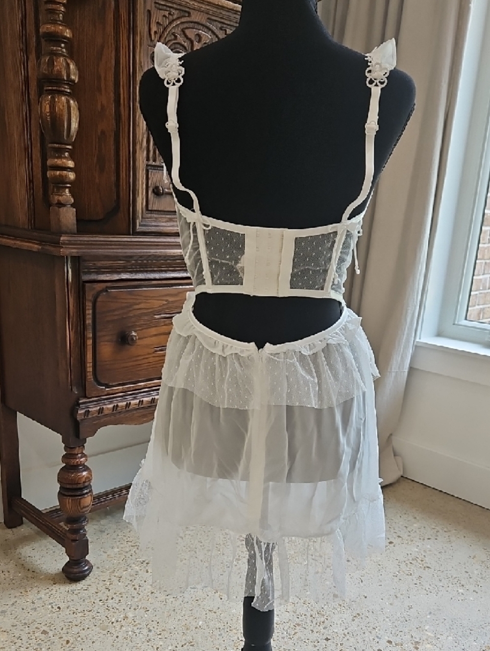 For Love & Lemons White Lace Organza Chemise with Ruffled Straps - Picture 2 of 4